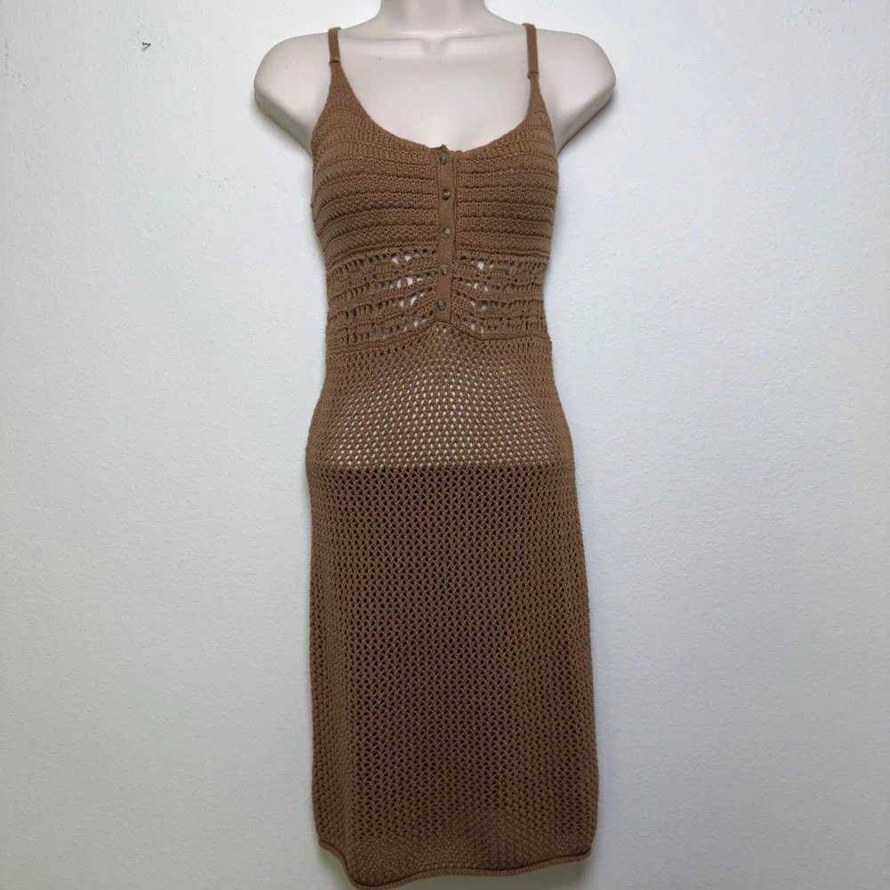 Aerie Women Crochet‎ Knit Cover Up Dress Small Brown Beach Coastal Cowgirl Boho
